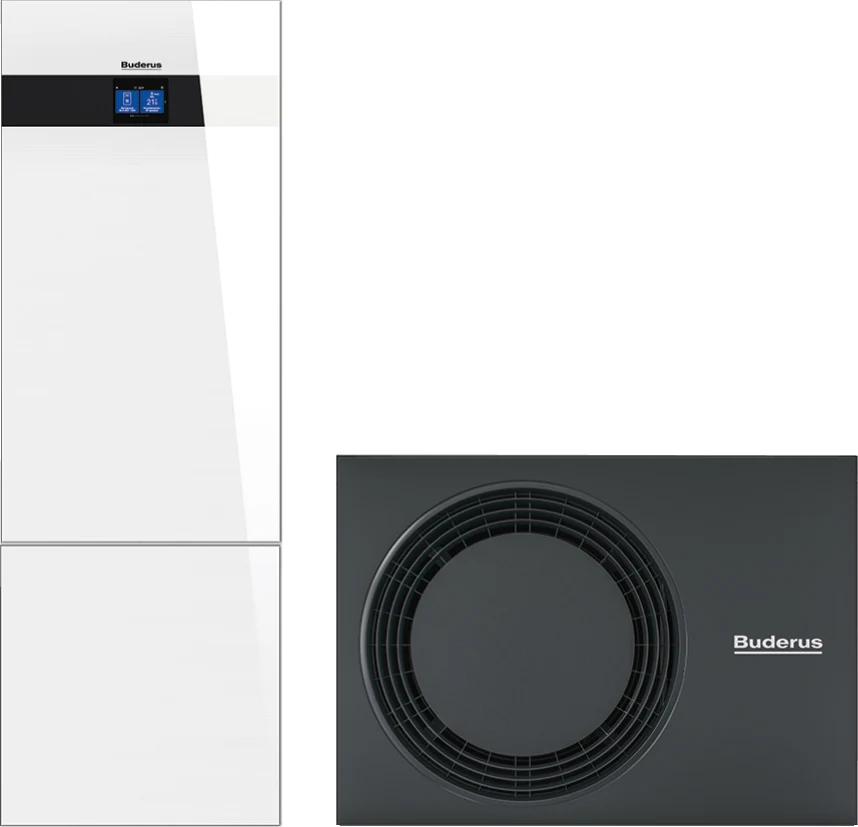 Buderus Logatherm WLW176i AR: Außeneinheit und Tower-Inneneinheit in Weiß